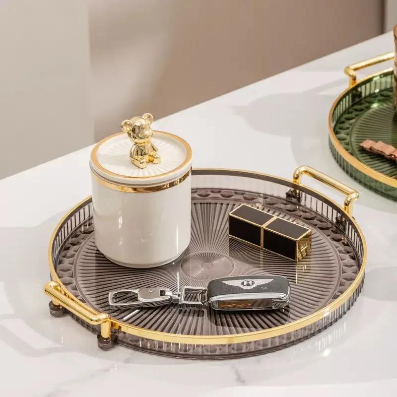 Light Luxury Double-Eared Round Plastic Tray with Gold Edge. Perfect for Displaying Candies&Fruits. Great Home Decoration Piece