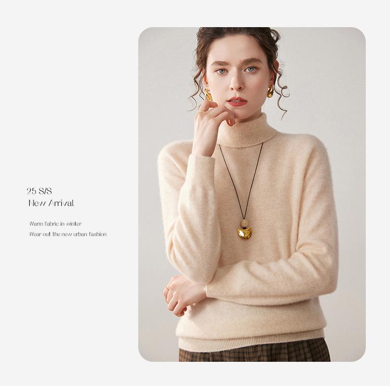 Women's Seamless High-Neck Cashmere Sweater: Solid Color, Loose Fit, Versatile Knit Pullover.