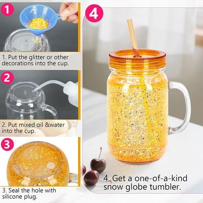 NOWY Kubek Snowglobe 20 uncji Podwójna Ścianka Przezroczyste Kubki Snow Globe Wstępnie Wywiercony Otwór Plastikowe Słoiki Mason Słoik Prezent