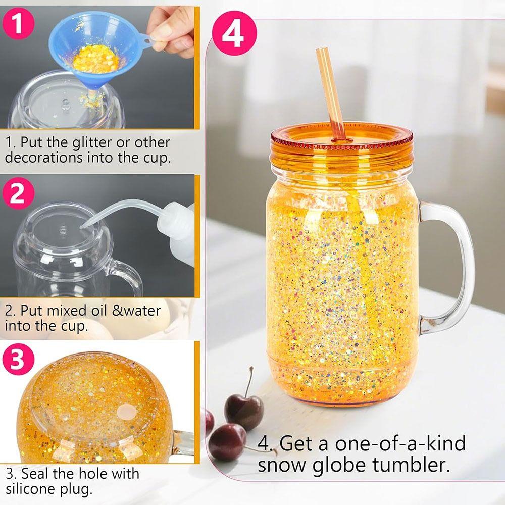 NEW 20 Oz Capacity Snowglobe Tumbler Pre Drilled Hole Clear Snow Globe Cups Double Wall Plastic Mason Jars Gift