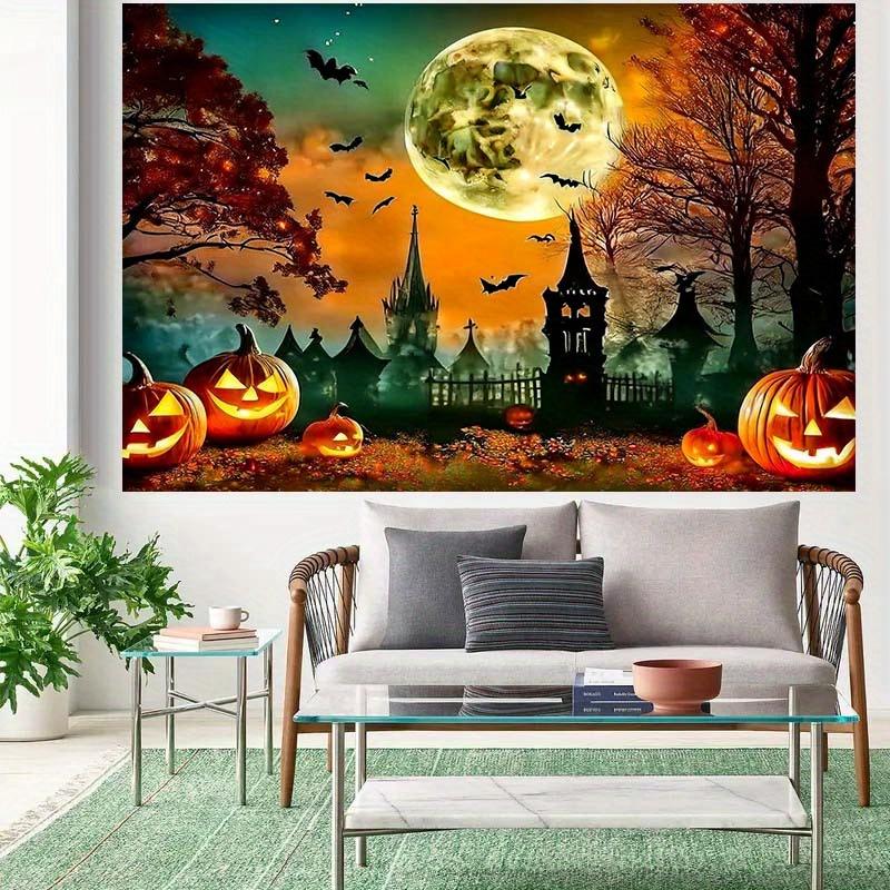 1 pc 2D Flat Halloween Background - Jack-O'-Lantern, Bats, Full Moon and Autumn Tree Scene - No Power Required——sjs