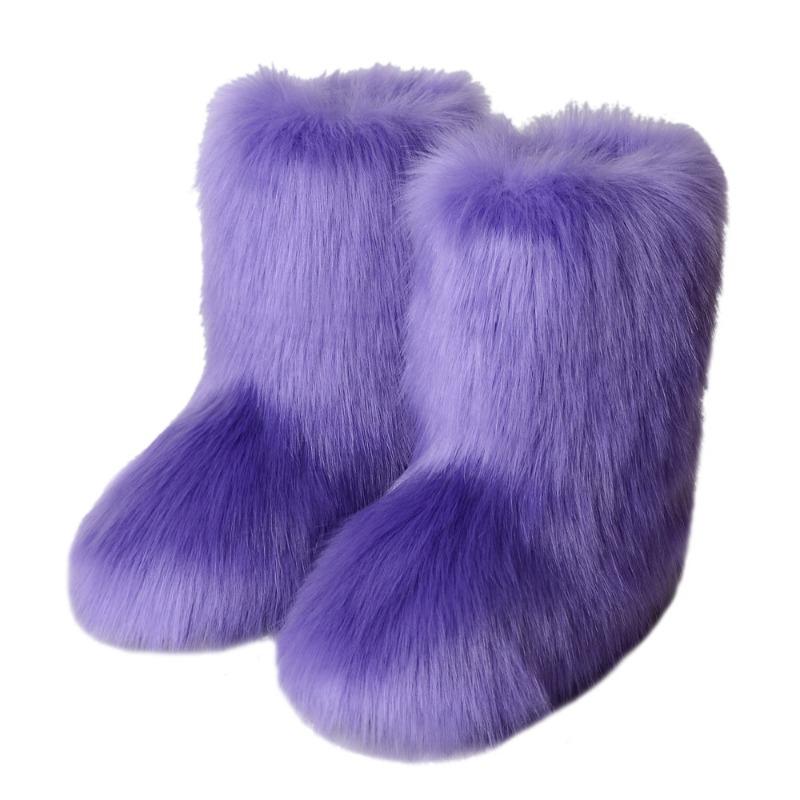 Flat heel high top warm winter furry boots deep mouth round head medium tube imitation fox fur snow boots women