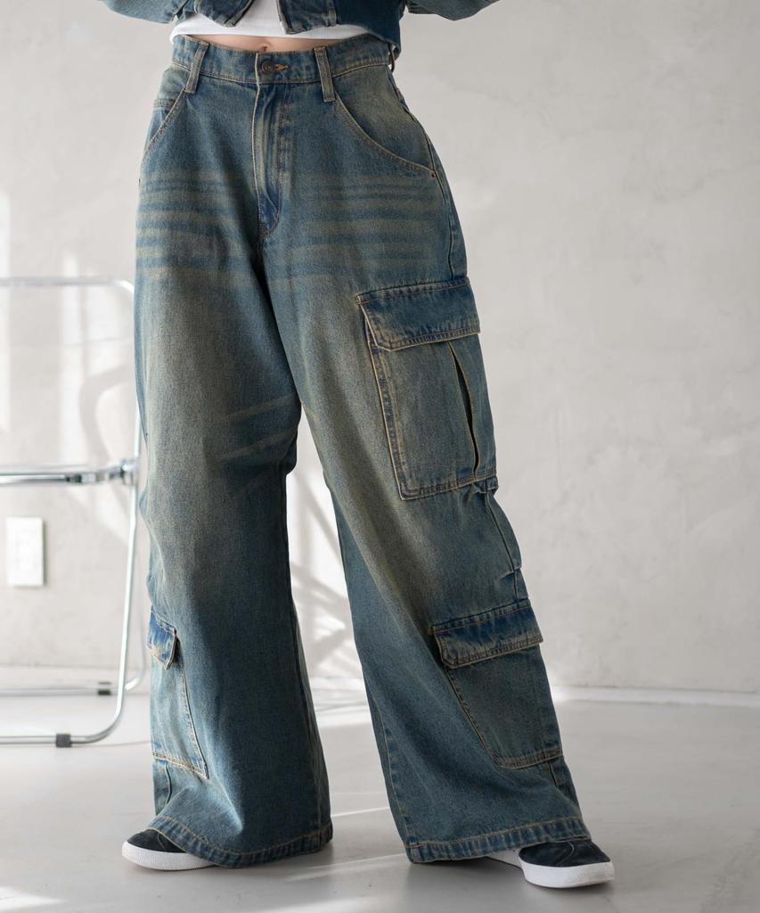 WEGO Vintage Wash Baggy Cargo Korean Dance Size Denim Pants, Wide-Leg Pants, Trousers, Bottoms, Streetwear, Casual, Style, Wear, Spring, Summer,