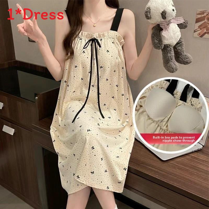 

Princess Dress Summer Sleepwear With Milk Silk Fabric And Floral Print For Girls Apricot Bow,M