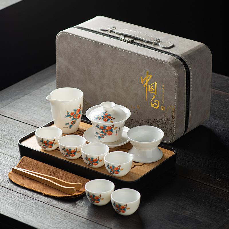 Suet jade tea set, white porcelain travel kung fu tea set, tea tray set, cover bowl teacup