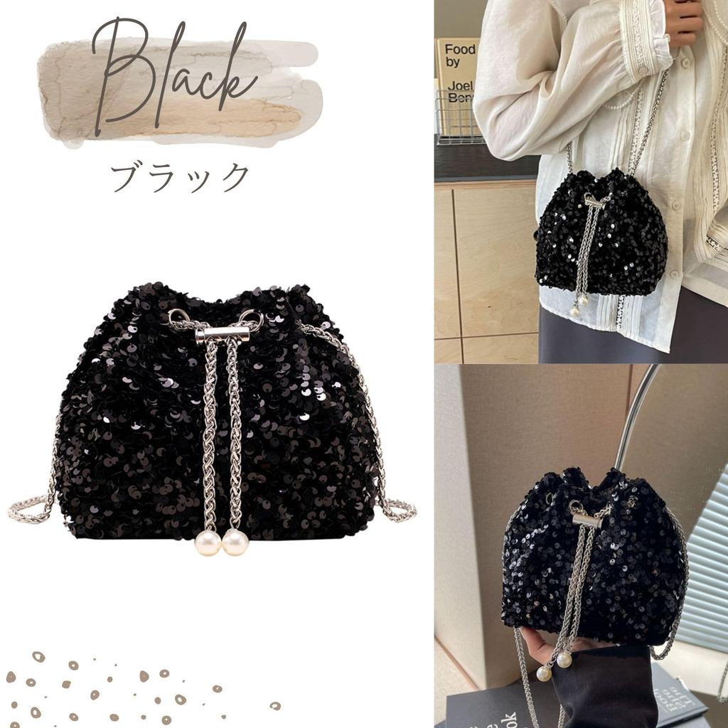 Harujio Paillettentasche, Partytasche, Damen-Umhängetasche, Schwarz und Silber, Zugbeutel mit Kette, Klein, Stilvoll, Niedlich, Hochzeit, Kleid, Glitzernd