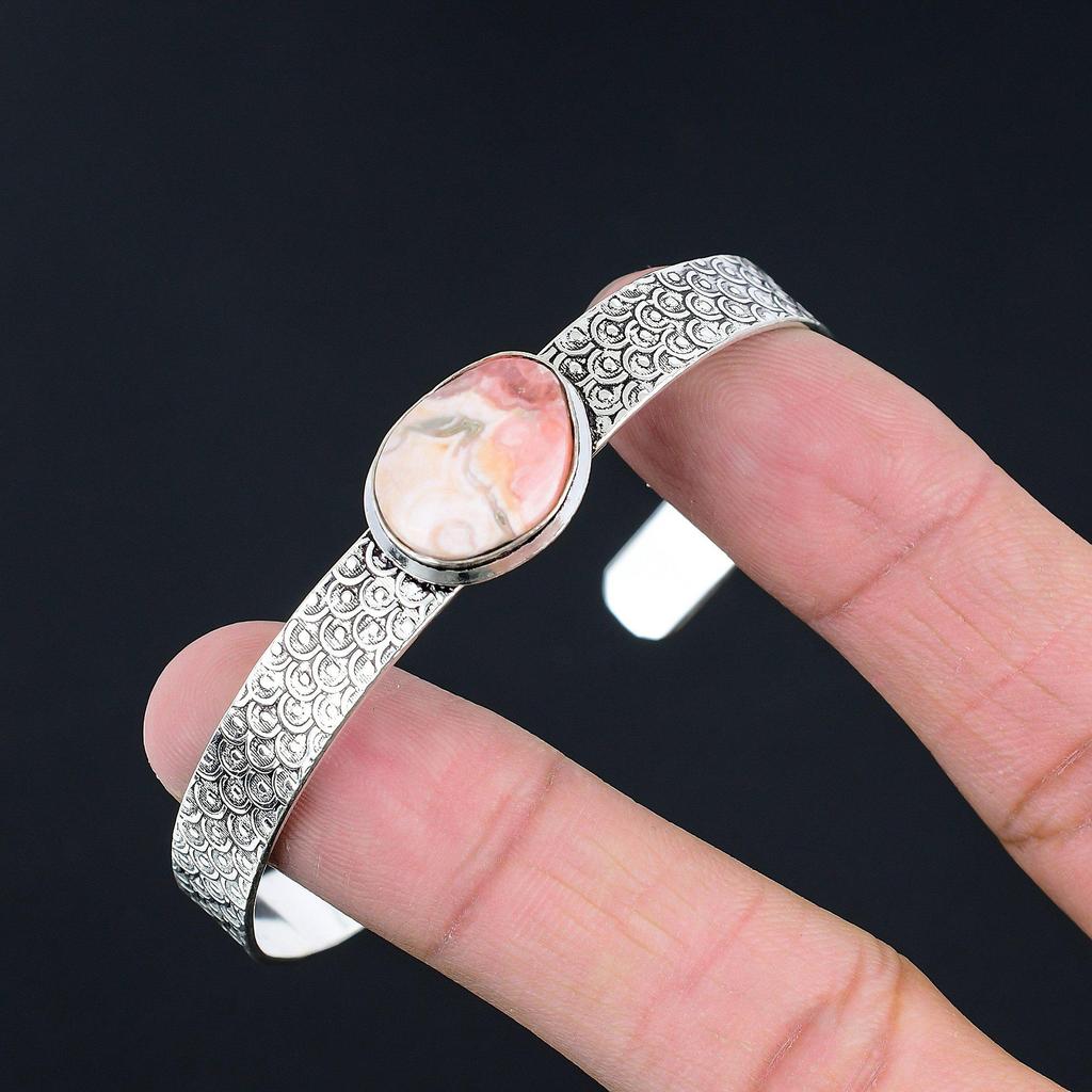 925 Silver Oval Natural Rhodochrosite Heart Chakra Handmade Boho Bangle Jewelry