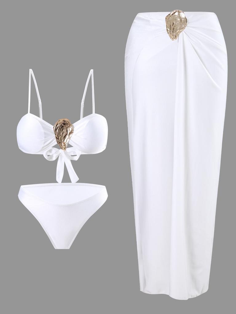 Hot Girl Style Bandeau Two Piece Bikini With Long Skirt Three Piece High Cut Swimsuit Elegant For Vacation