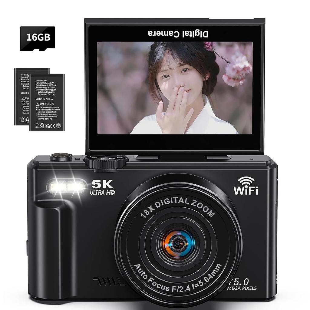 Keculbo Digital Camera 5K 75MP WIFI Sends Smartphone Auto Focus 3.0 Inch 180 Degree Rotating Screen Micro SD Card Black 18x Zoom Transfer Function AF