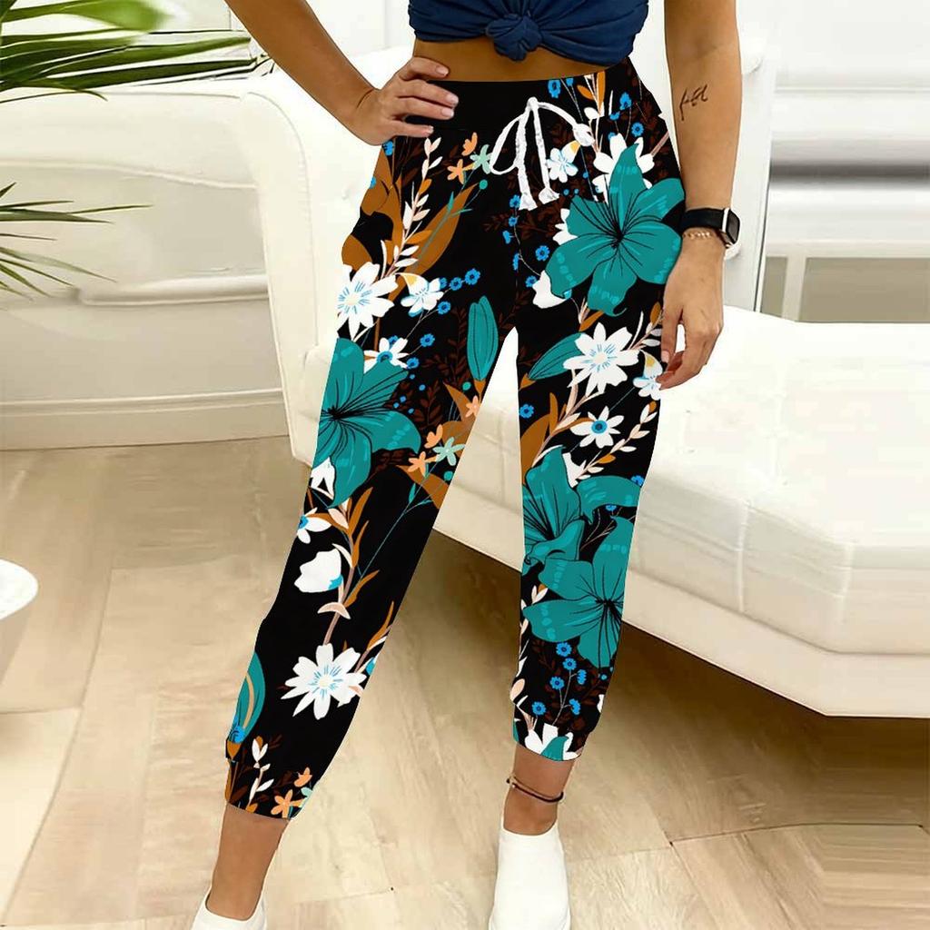 Pantaloni della tuta da donna estivi con stampa a fantasia vintage, vestibilità larga, con coulisse, polsini elasticizzati, pantaloni casual da giorno