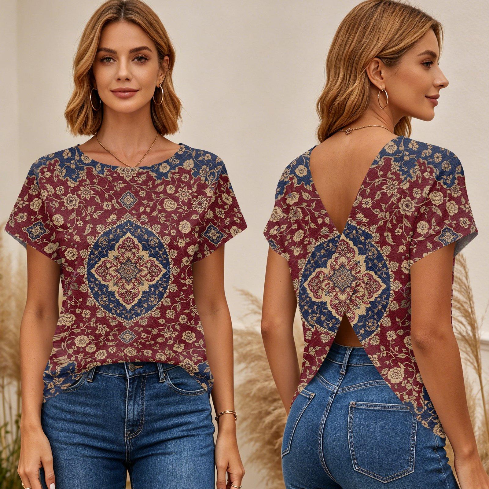 

Womens Short Sleeve Top Geometric Print Cross Back T Shirt Lightweight Casual Blouse Summer Style XXL винний