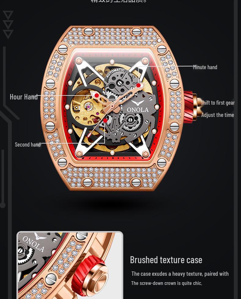 Herren ONOLA Wasserdichte Automatische Mechanische Uhr mit Silikonarmband und Diamantdetail