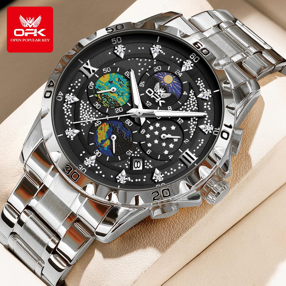 OPK Moon Phase Men's Watches Multi-function Timing Stainleess Steel Luminous Waterproof Watch for Man
