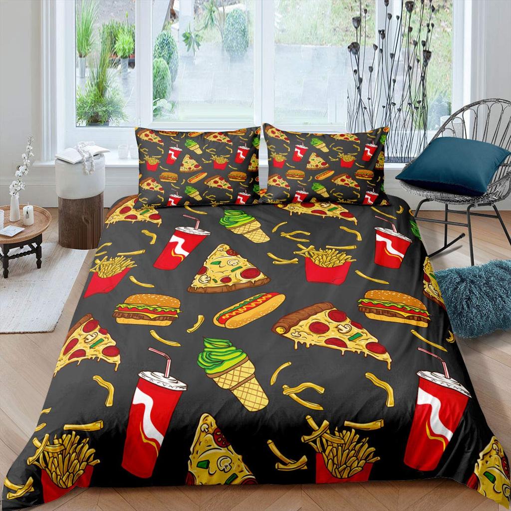 American Fast Food Duvet Cover Set Full Size Polyester Pizza Hotdog Hamburger Print Bedding Set French Fries Cartoon Quilt Cover