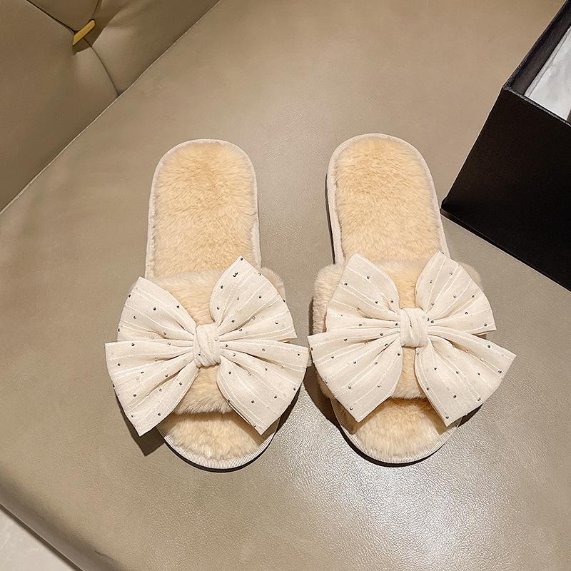 Cotton Household Home Fluffy Warm Ins Slippers Slippers Indoor Plush Open Drag Bow Cotton Slippers