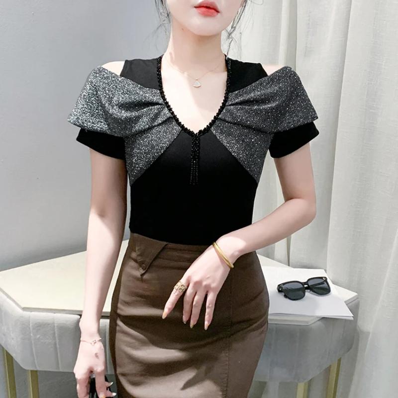 Summer Sexy Off Shoulder Beading T-shirt Women's Short Sleeves Tassels Design Tees New Cotton Female Tops