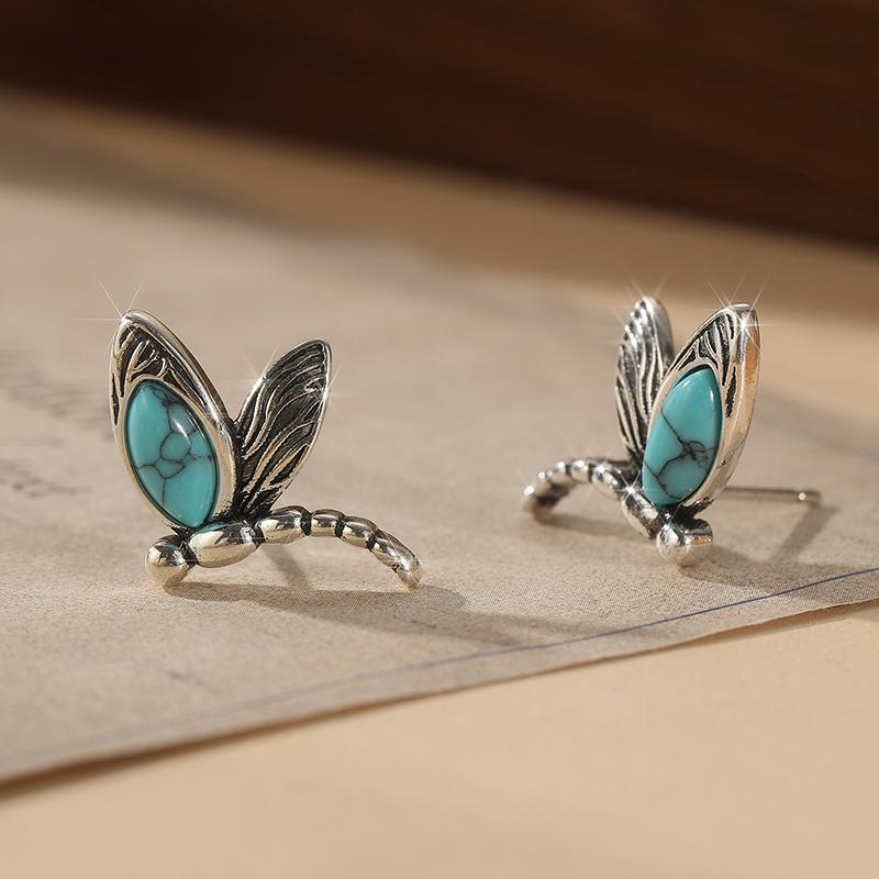 Vintage Silver Color Metal Carving Dragonfly Earrings Ethnic Inlaid Imitation Turquoise Stud Earrings for Women Jewelry