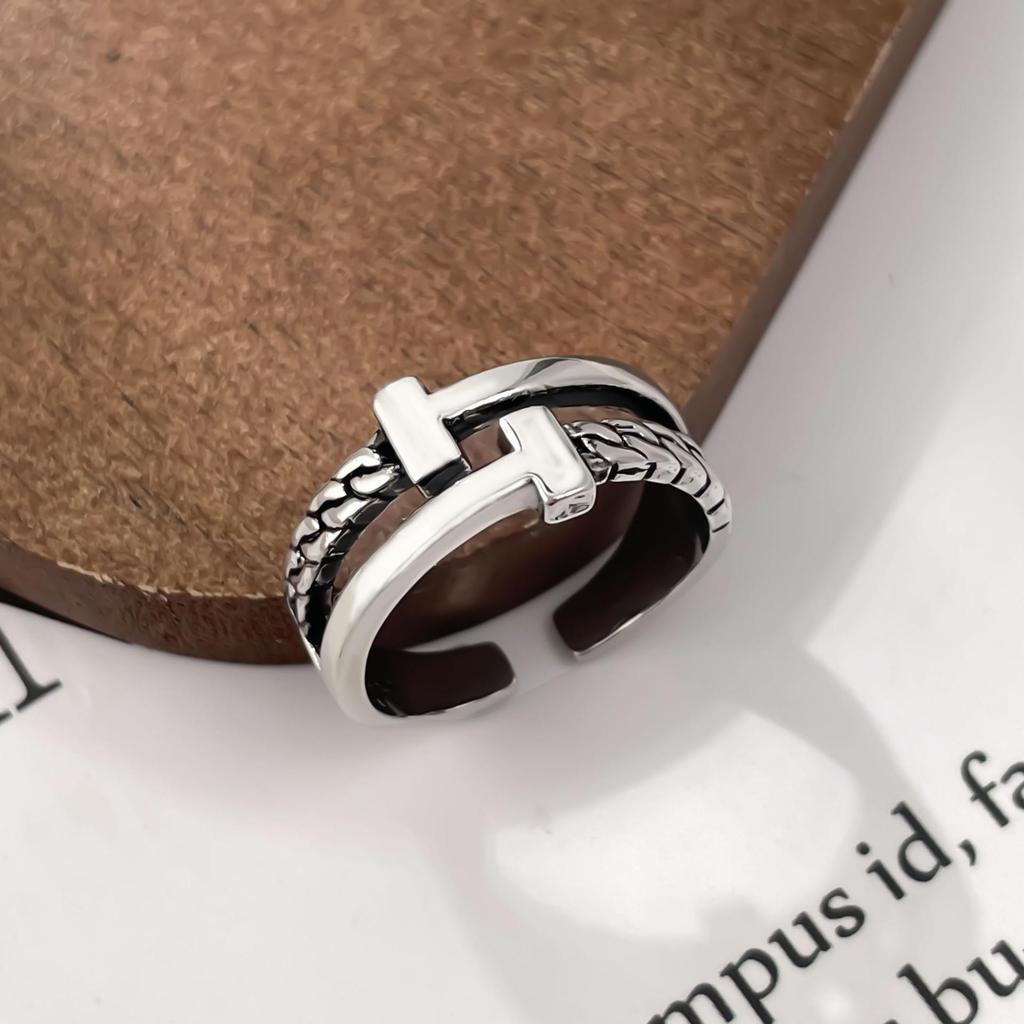 Retro Thai Silver Double T Chain Open Ring for Women - Distressed Niche Design