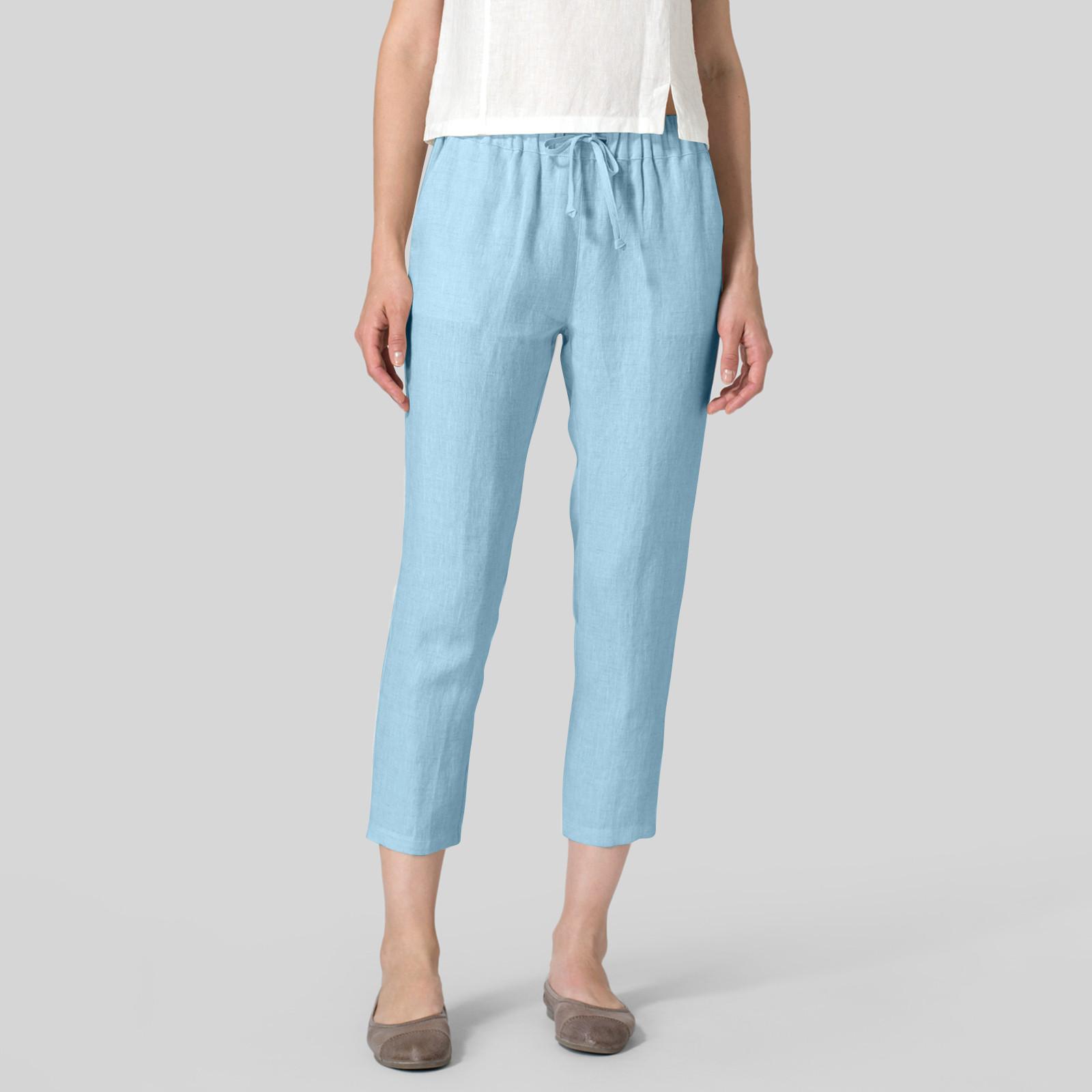 

Женские летние повседневные льняные брюки с эластичной резинкой на талии, свободные прямые брюки с девятью точками, пляжные брюки с карманами S