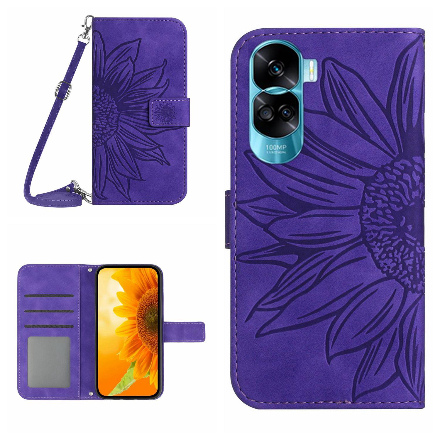 

HT04 For Honor 90 Lite 5G/X50i 5G Stand Cover Sunflower Imprint PU Leather Wallet Phone Case with Shoulder Strap Dark Purple