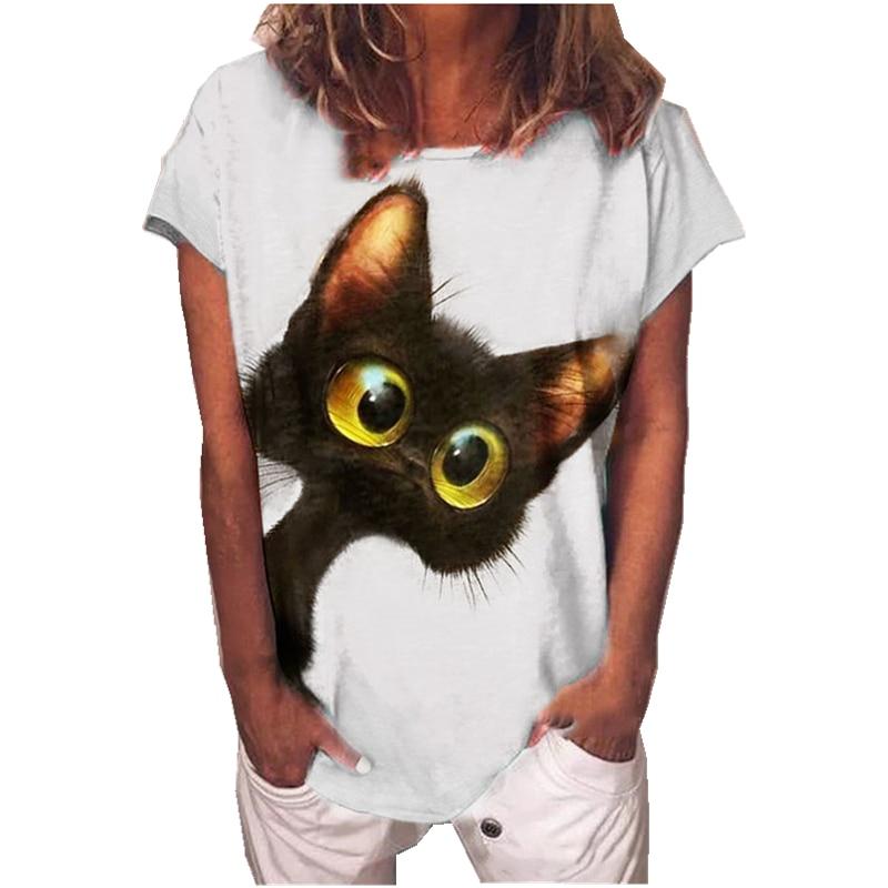 Summer Cat 3D Print T-Shirts Women s Casual Round-Neck Short Sleeve S