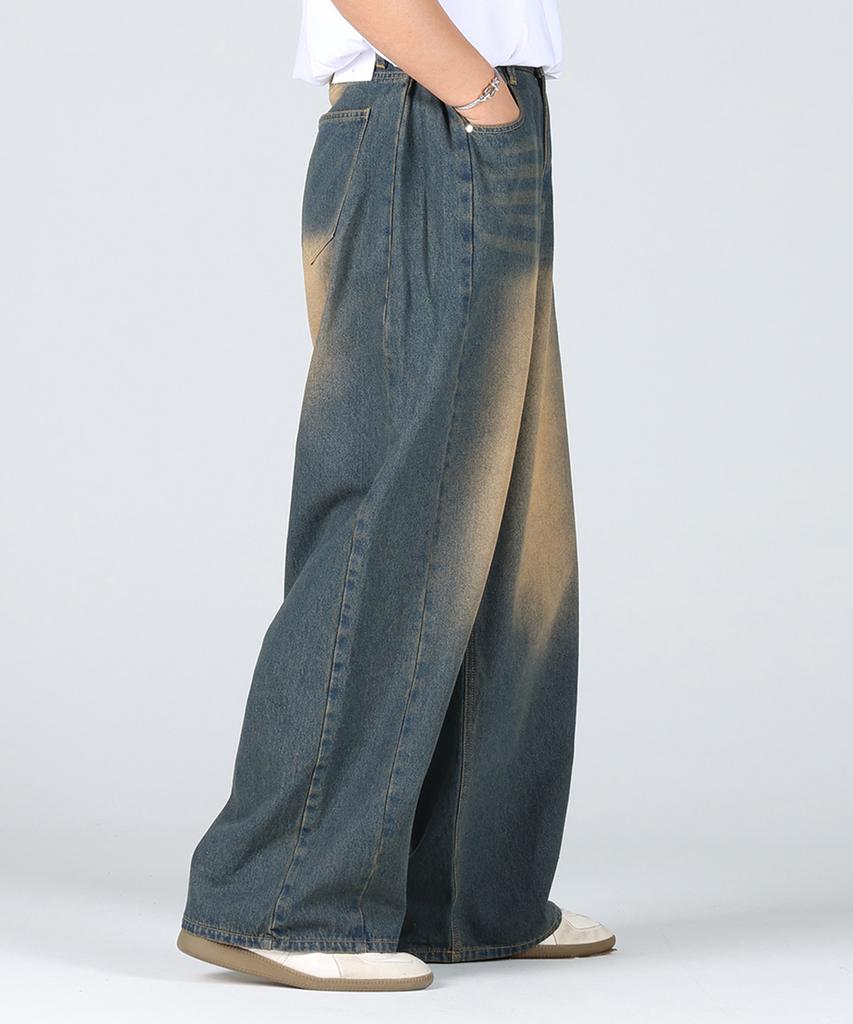 Hueo Cut Side Pintuck Vintage Washed Wide Denim Pants_Tin Washed