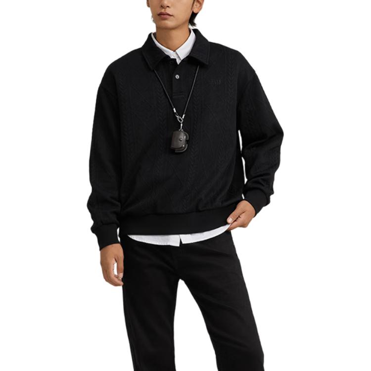 Levis Logo Embroidered Polo Neck Knitted Pattern Loose Long Sleeve Sweatshirt Men sweatshirt Black 002HF-0001