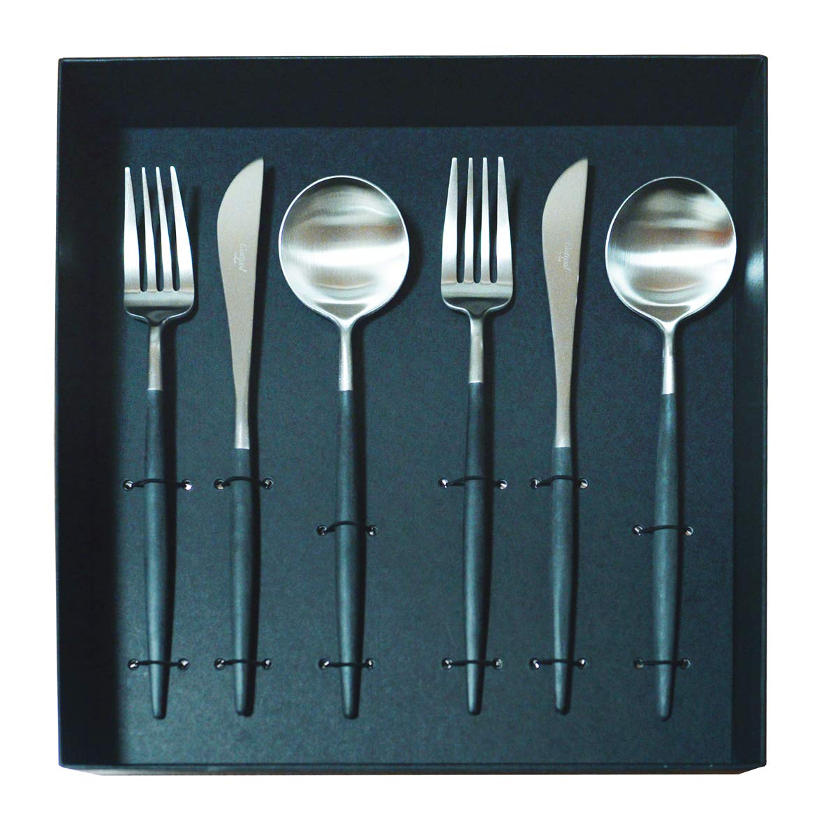 

Cutipol GOA Dinner Set Dinner 2 2 in a Presentation Box x 6-Piece (2 Knives, Forks, Spoons) (Black Silver)