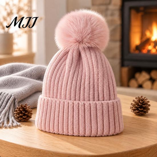 Warm Knitted Hats Winter Hat with Fluffy Fur Ball, Thick Cuffed Cap, Elastic Soft Outdoor Travel Headgear Stretchy Fabric Solid Color for And