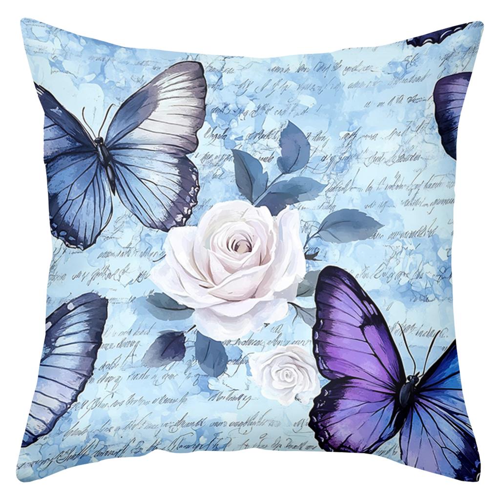 2D Flat Printing Blue Butterfly and Rose Pattern Decorative Cushions Polyester Pillowcase, Sofa Decorative Cushion Cov