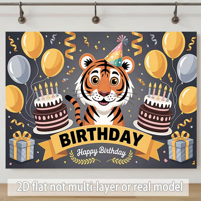 2D Animal Themed Birthday Backdrop, Cute Tiger "Happy Birthday" Photography Background