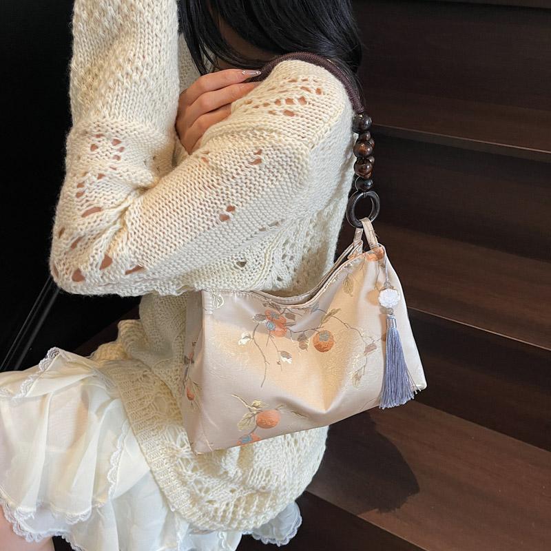 Retro Beige Embroidery Handbag Women Beaded Handle Large Capacity Shoulder Bag Ladies Elegant Luxury High End Underarm Bags