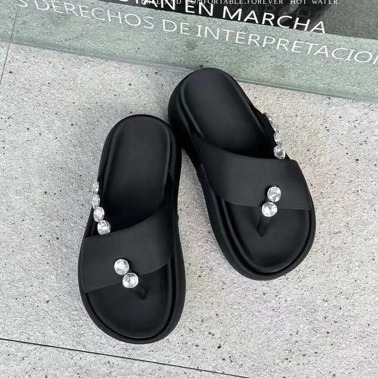 Schwarze schöne Drag-Damenschuhe Sommerkleidung neue kleine Absatzhöhung dicke Sohle Strasssteine Zehenspitze hoher Sinn