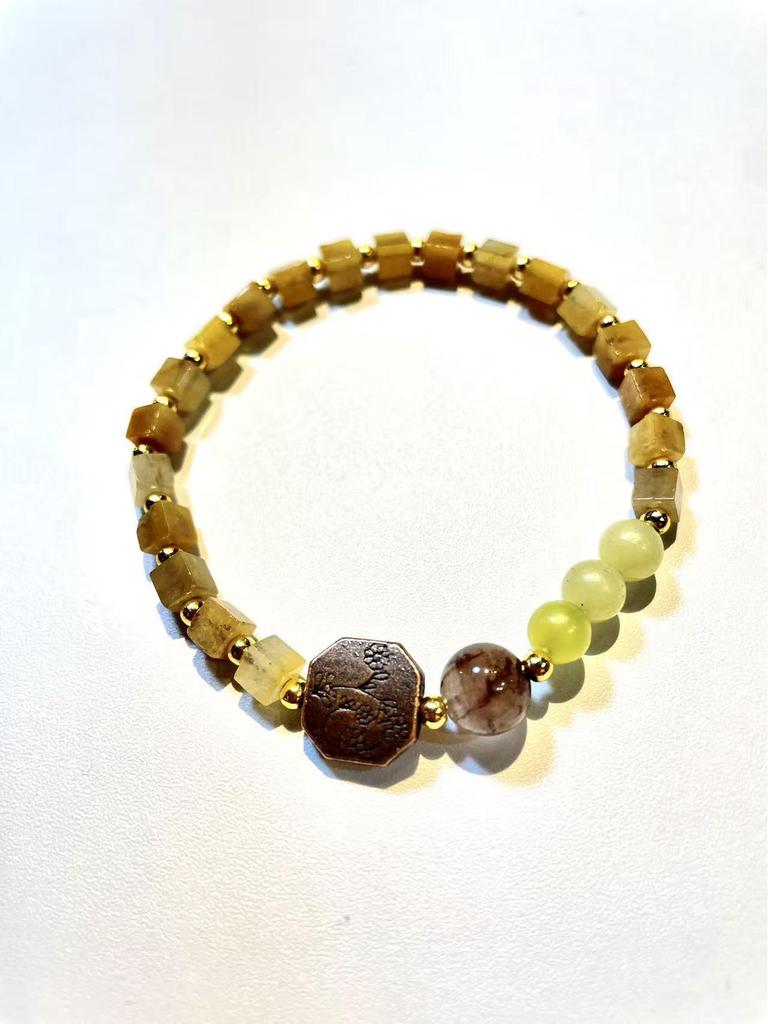 Natural Yellow Jade Square Bracelet: European & American Niche Style, Original Fashion Design.