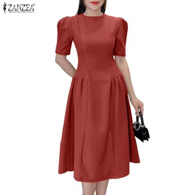 Women Casual Round Neck Solid Color Summer Short Sleeve Dress
