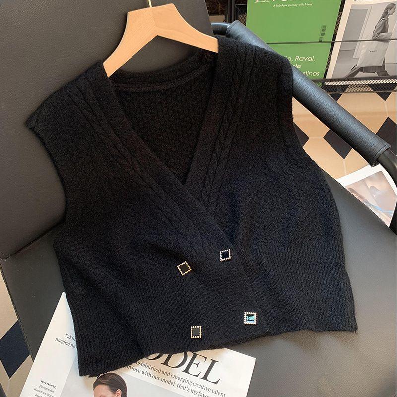 Big V-neck Solid Color Knitted Vest for Women's Outerwear Cardigan Korean Version Sleeveless Jacket for Women