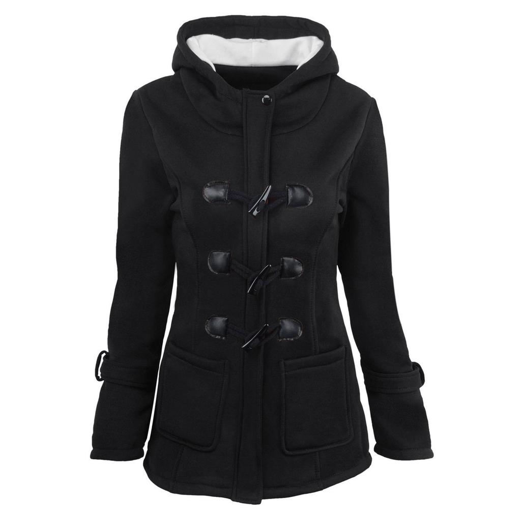 Women's Solid Color Long Sleeved Hooded Cow Horn Buttoned Jacket Jacket