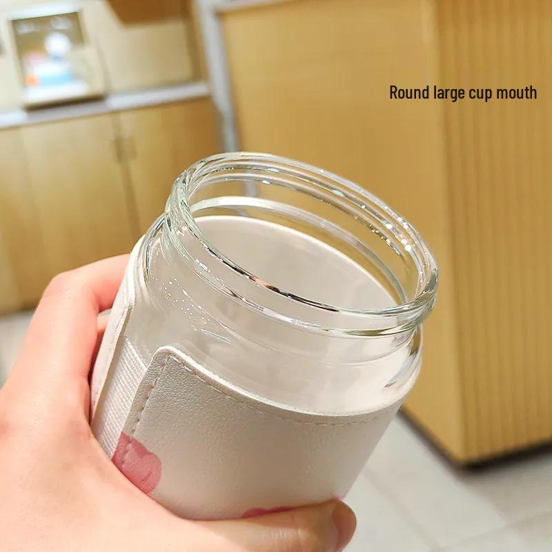 Influencer Portable Insulated Glass Water Cup with Leather Sleeve – Stylish Gift for Female Students