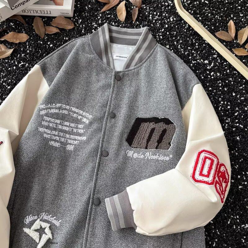 New American Style High Street Workwear Jacket for Men, Autumn Winter Casual Baseball Jacket, Trendy Retro Bomber Jacket for Couples