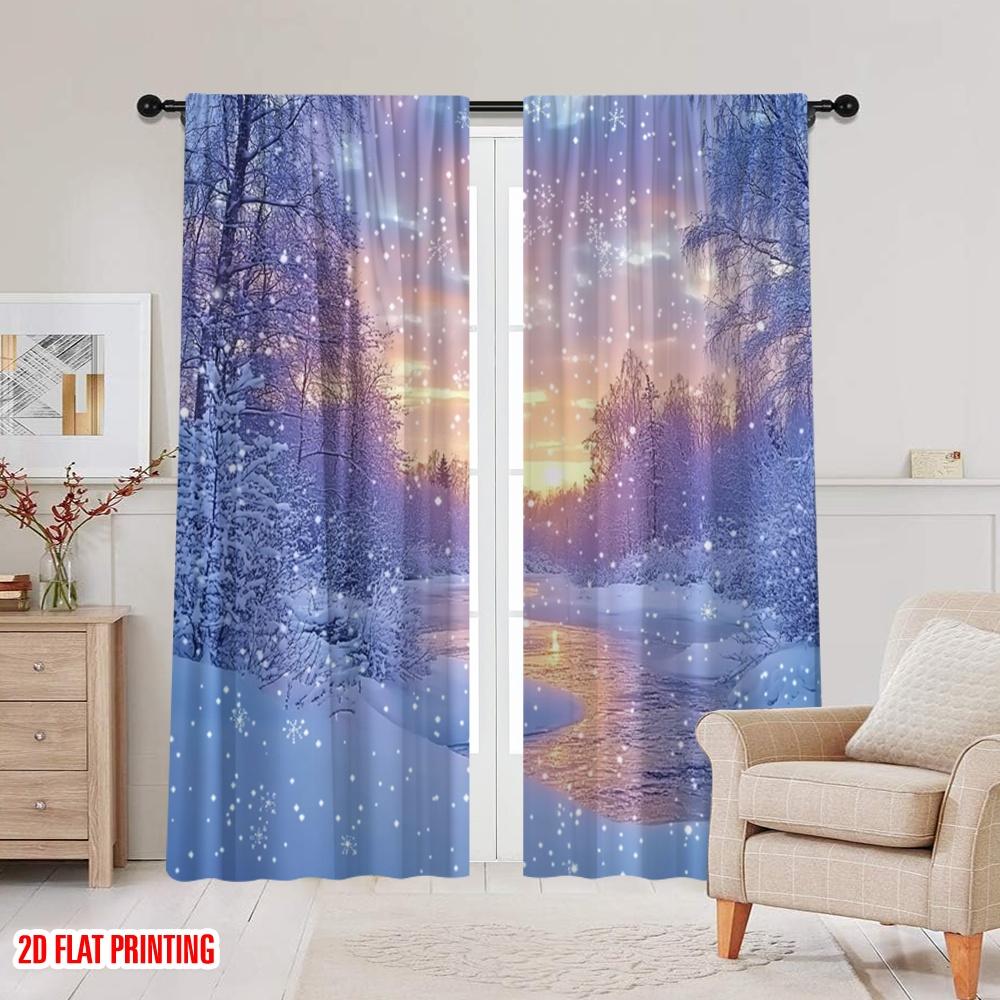 2pcs 2D flat printing Merry Christmas Popular Curtain Snow Forest Christmas Polyester Without Electricity Festive Holiday Use