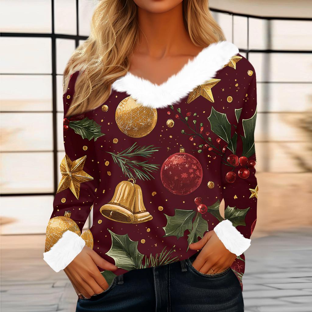 Top casual alla moda da donna a maniche lunghe con stampa natalizia e colletto in flanella