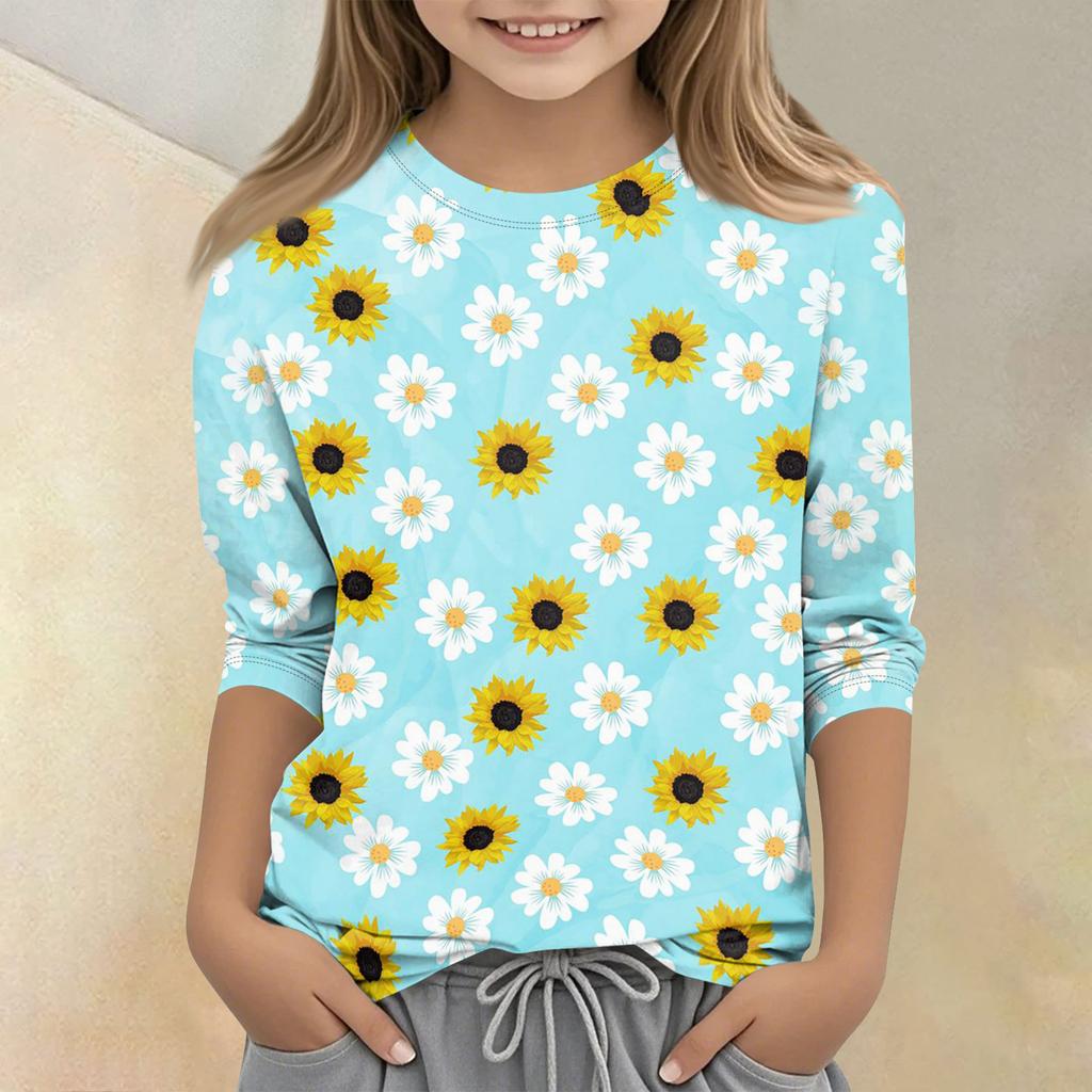 Kinder bedrucktes Rundhals Siebenviertelarm Freizeit T-Shirt