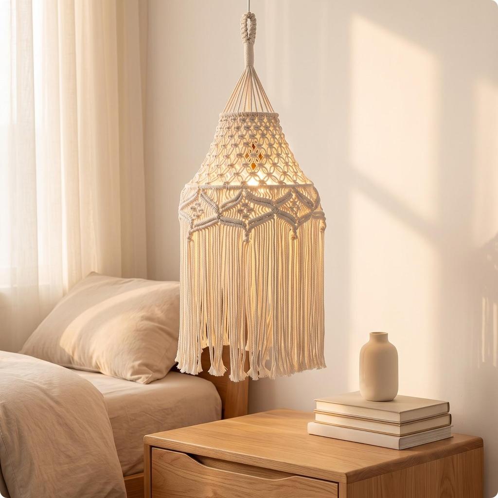 Macrame Lamp Shade Handwoven Boho Light Openwork for Bedroom, Reading Nook