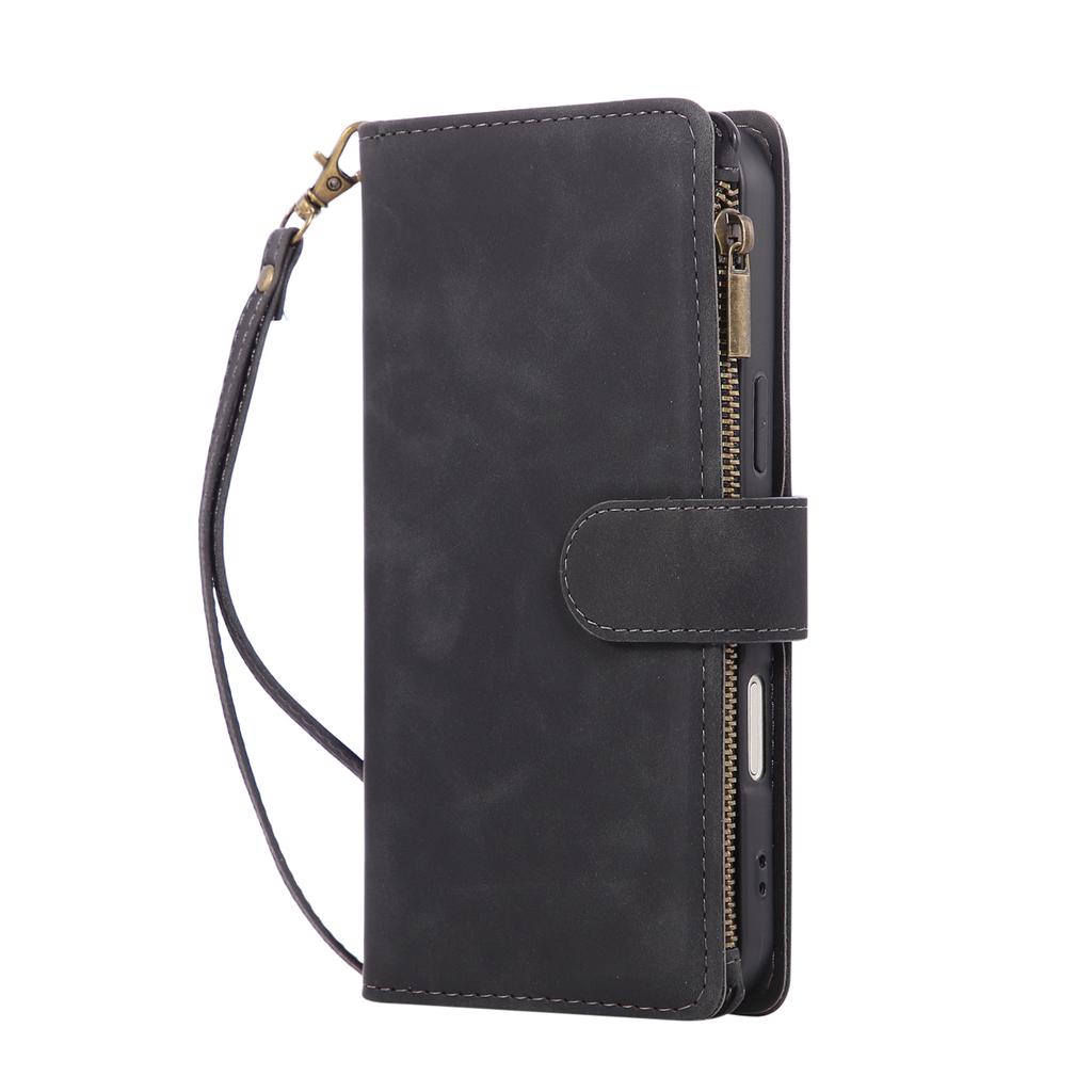 For iPhone 17 Pro Case Zipper Wallet Multiple Card Slots Leather Phone Cover with Wrist Strap