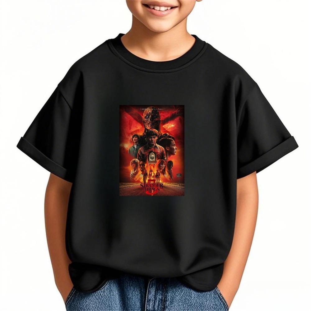 

2D Design Stranger Things Cartoon Print 2026 Summer New Short Sleeve Casual Tee For Kids Teenager Boys Girls Daily Leisure 110