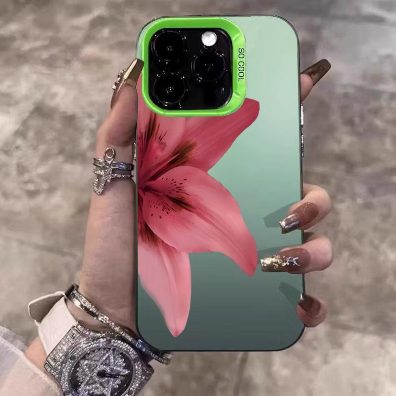 Lily Flower Print IMD Material Silvery Phone Case for iPhone 16 E 15 14 13 12 11 Pro Max XS XR X 7 8 15 16 Plus Shockproof Cover