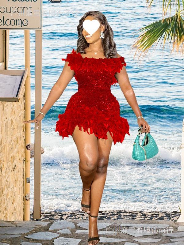 European & American Women's Summer Sequin One-Shoulder Backless Beach Dress - Hot Girl Feather Bodycon Style