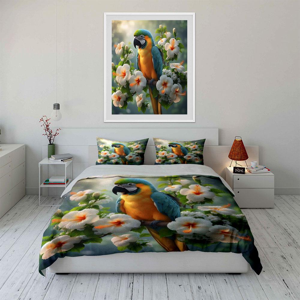 Parrot perched among vibrant flowers Print Soft Comfortable Duvet Cover Bedding Set Included 1*Duvet Cover 2*Pillowcases
