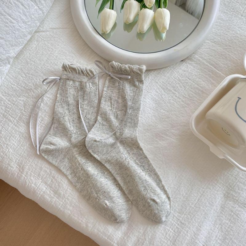 Ladies Spring and Summer Thin Lovely Bow Mesh Breathable Boneless Anti Pilling Ribbon Stack Socks