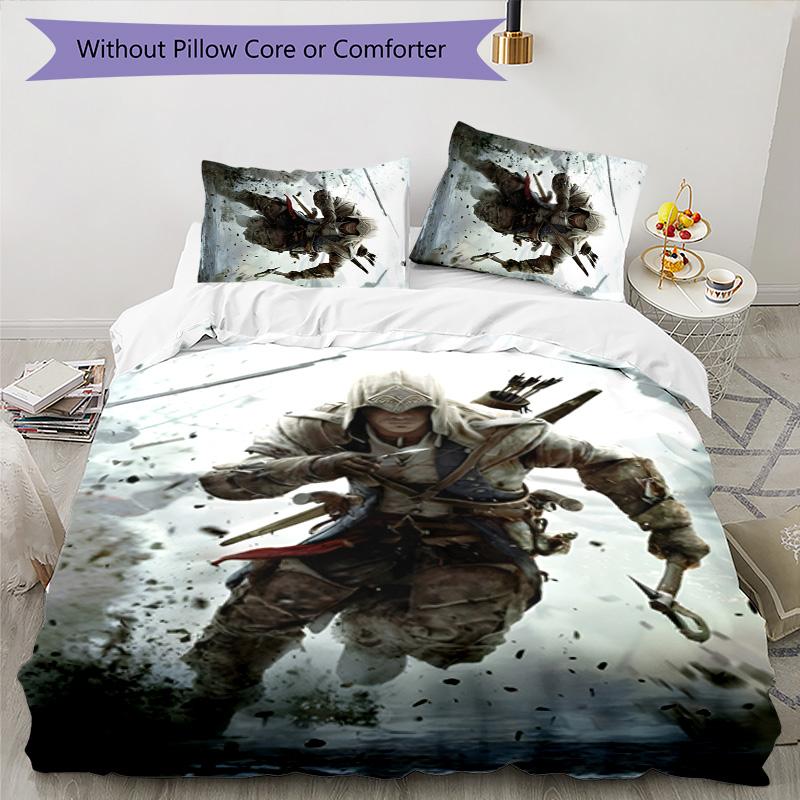 3er Set Bettwäsche mit Assassin's Creed Design - HD-bedruckte Bettwäsche mit 1 Bettbezug und 2 Kissenbezügen - Perfekt für Zuhause und Wohnheim-Dekoration